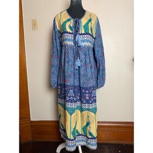 R.Vivimos Blue Peacock Floral Boho Tassel Midi Dress Size S 4/6 indie country